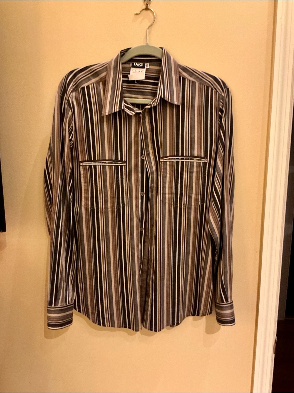 Vintage Dolce & Gabbana Brown and White Vertical Stripe Button-Down Shirt